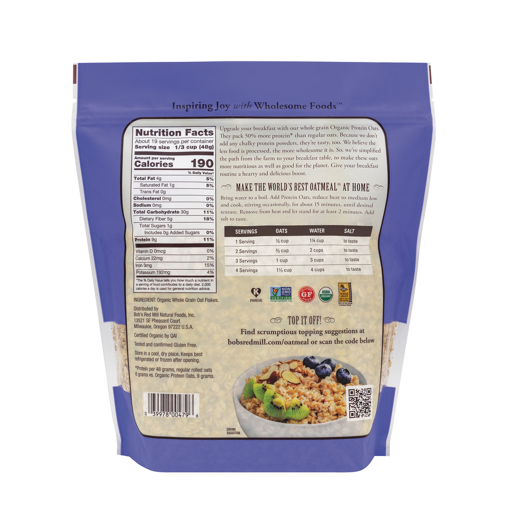 BOB484 | Back of purple oatmeal bag showing nutrition facts panel, ingredient list, serving chart and bowl of oatmeal with kiwi and blueberries - Thumbnail