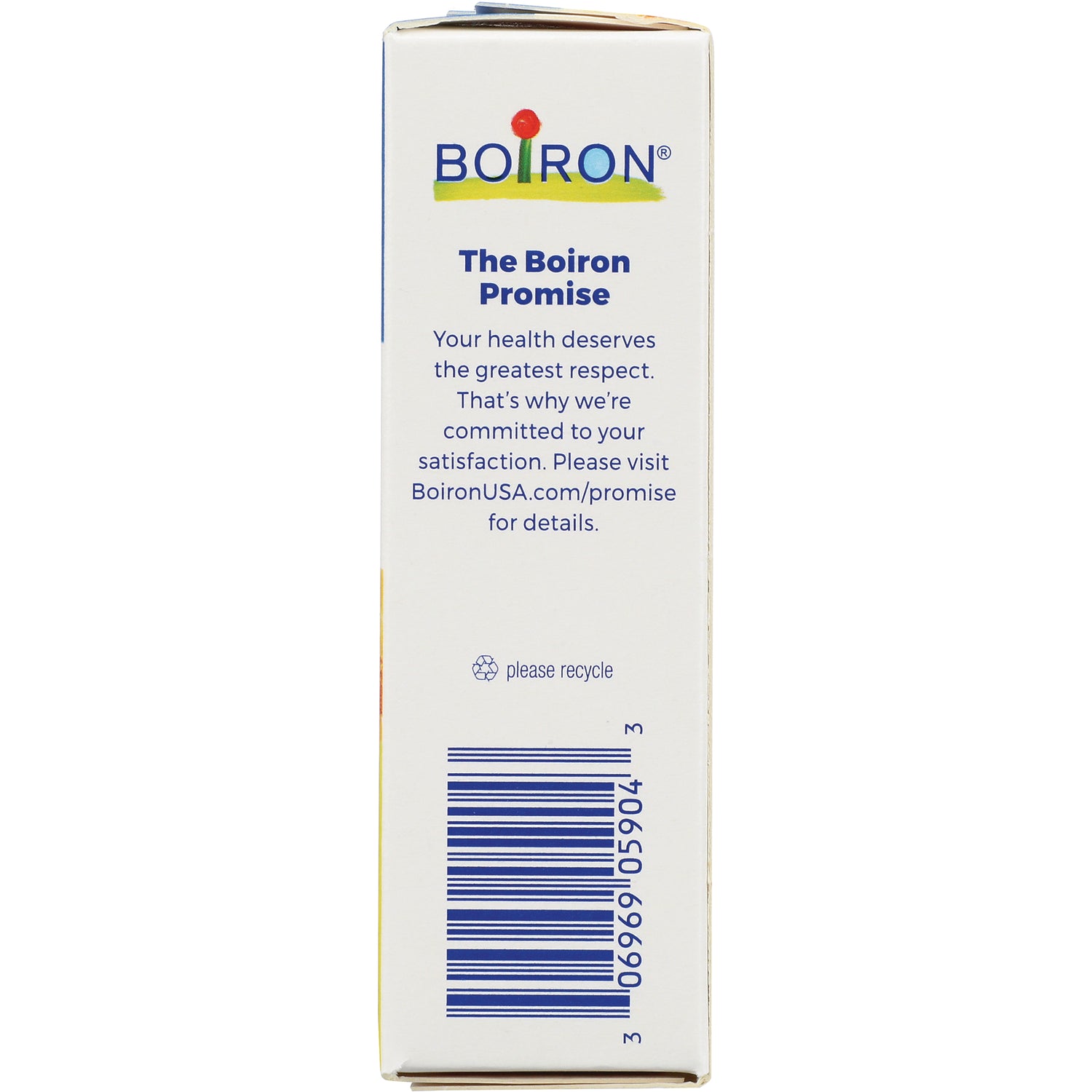 BRN048 | side panel of Boiron box reading The Boiron Promise with recycle symbol and barcode