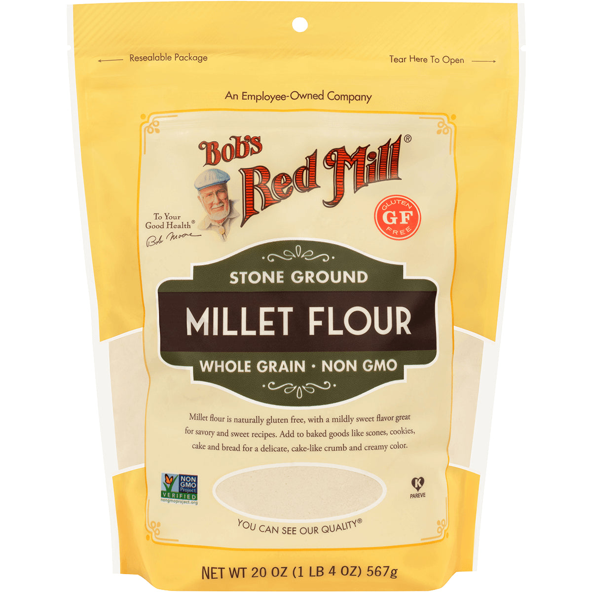 BOB305 | Bob's Red Mill stone ground millet flour 20 oz resealable bag front packaging