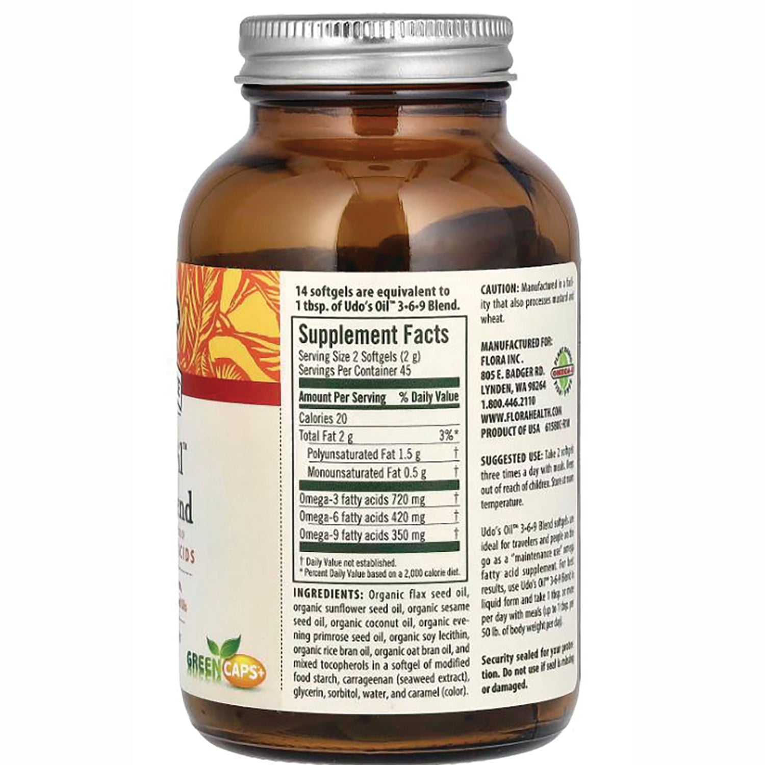FL018 | brown glass supplement bottle back showing Supplement Facts panel and ingredients
