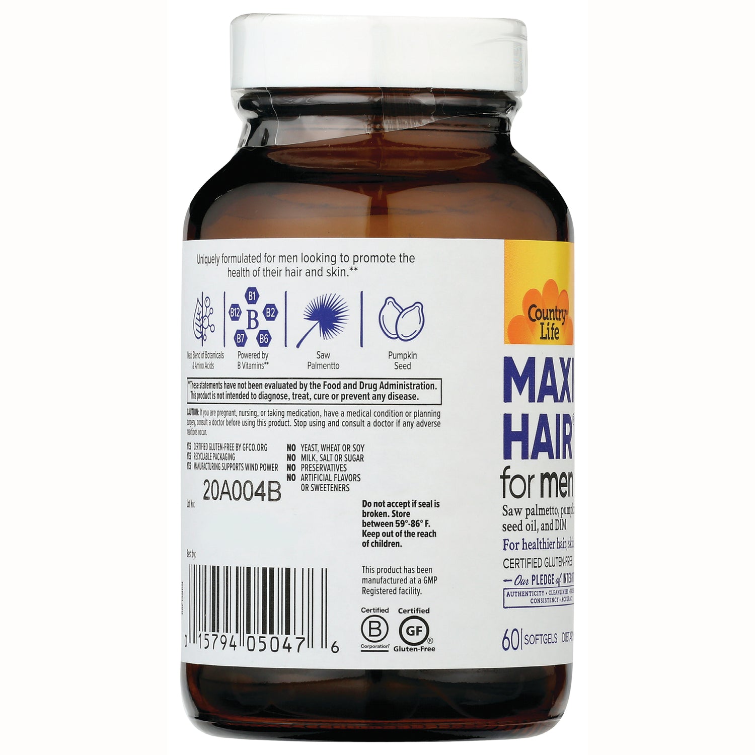 CRL587 | Back label of brown supplement bottle showing ingredients, barcode, storage instructions and Country Life branding