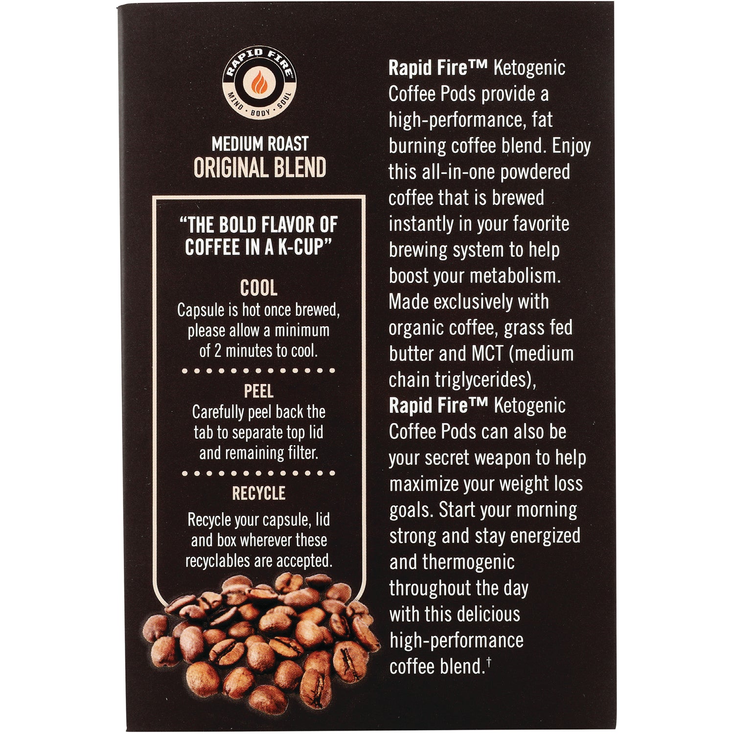 RPF005 | back of Rapid Fire ketogenic coffee pods box showing usage instructions, product description and coffee beans