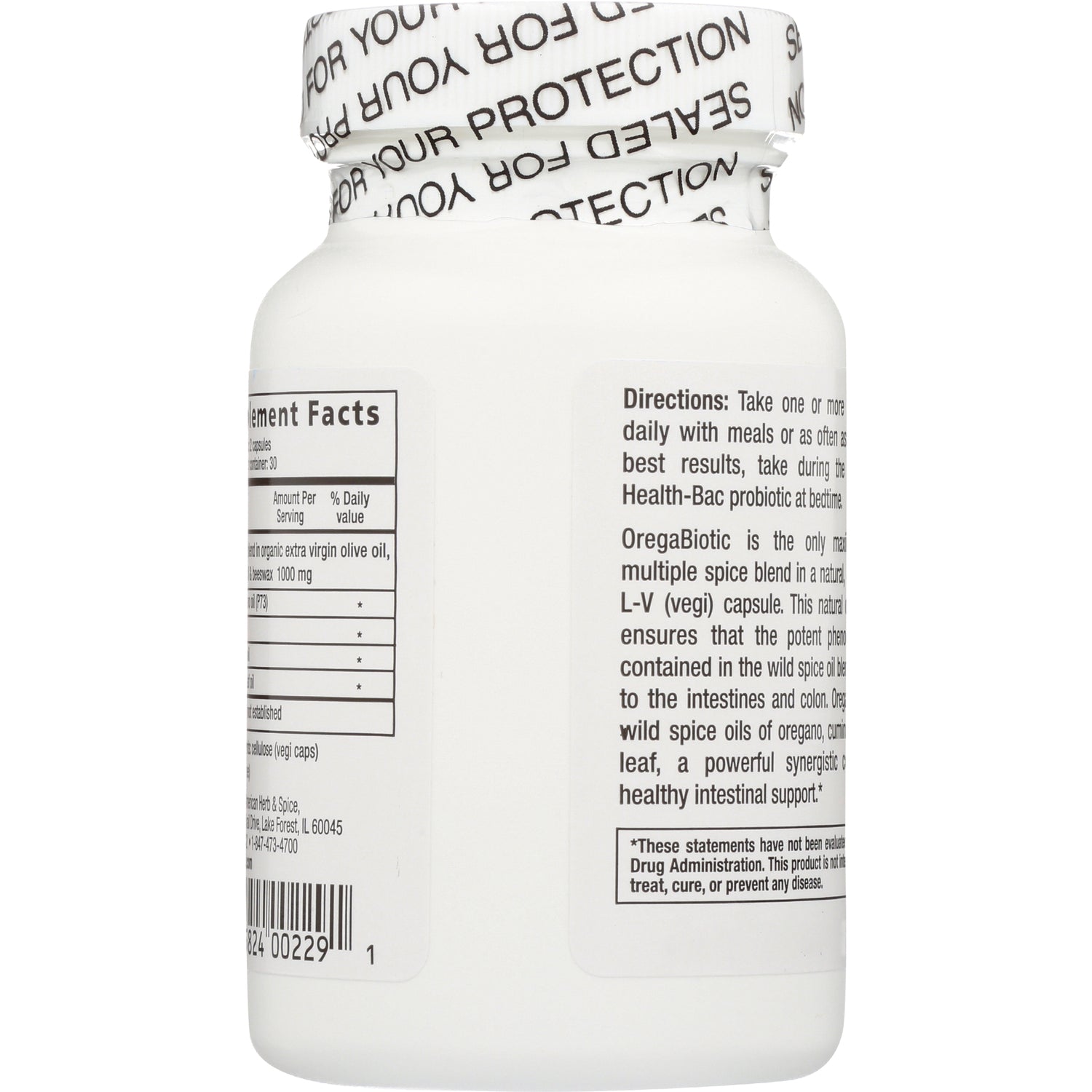 NHS009 | white supplement bottle back showing directions, supplement facts, barcode and tamper-evident seal
