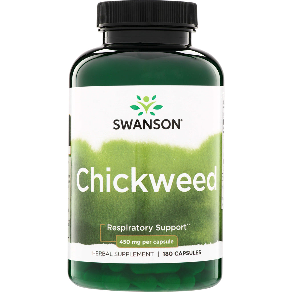 SW1068 | Swanson Chickweed herbal supplement bottle, Respiratory Support, 450 mg per capsule, 180 capsules - Thumbnail