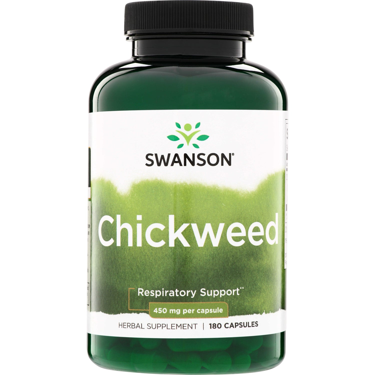 SW1068 | Swanson Chickweed herbal supplement bottle, Respiratory Support, 450 mg per capsule, 180 capsules