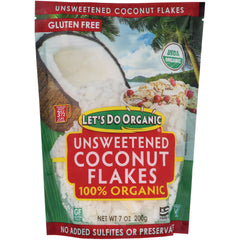 LDO001 | Let's Do Organic unsweetened coconut flakes 7 oz bag showing front packaging and 100% organic label