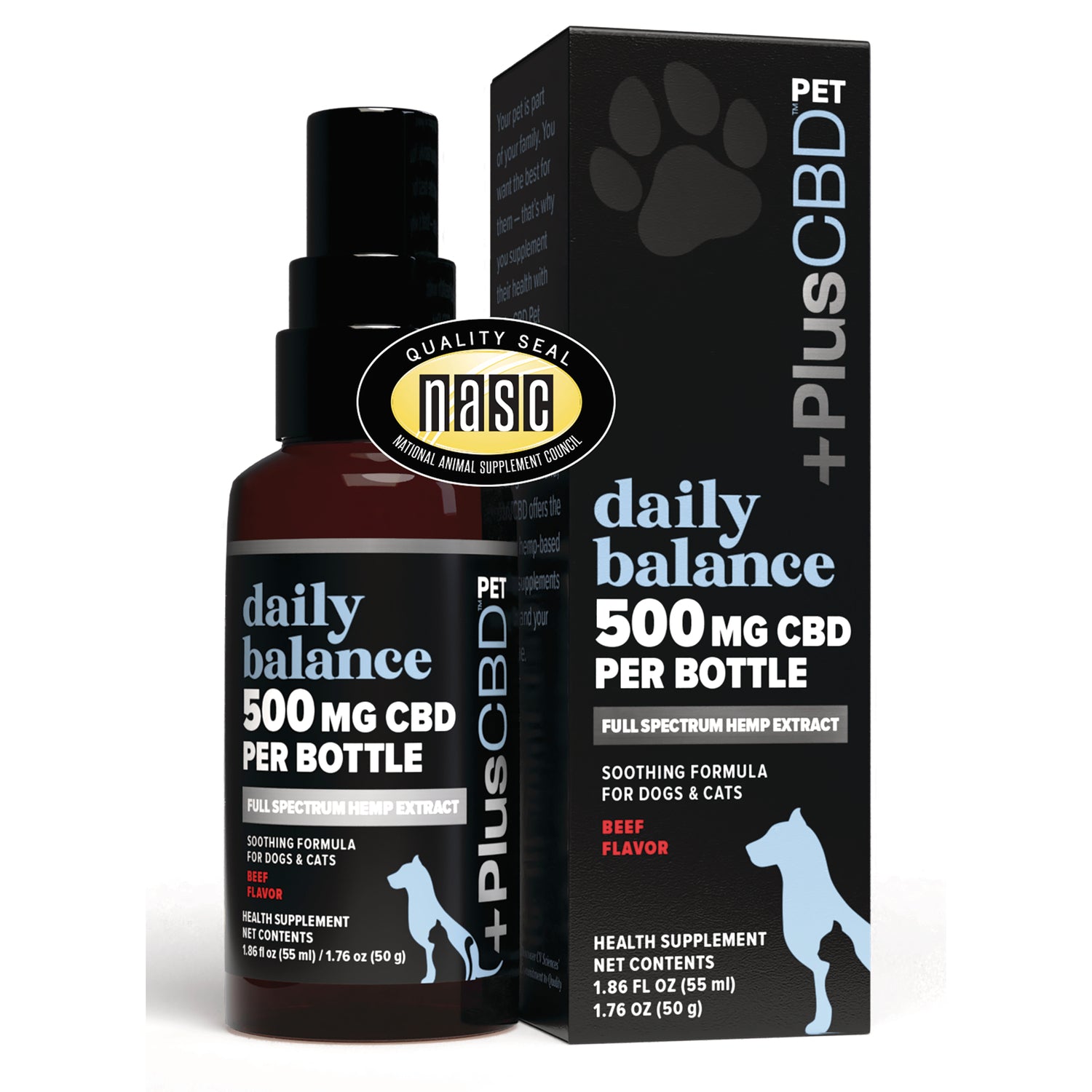 CV029 | bottle and box of Daily Balance 500 mg CBD pet supplement, beef flavor, full spectrum hemp extract