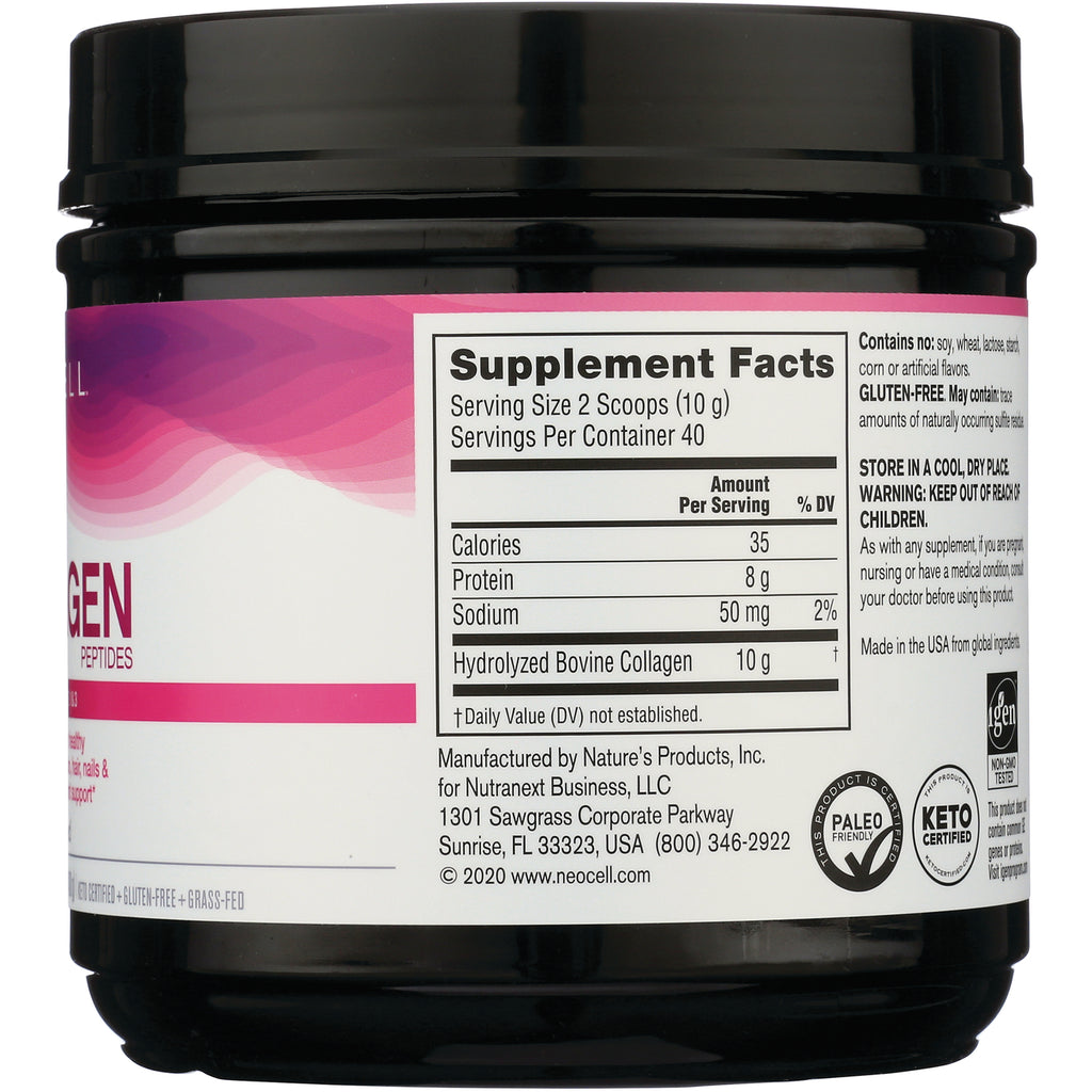 NEC029 | Back label showing Supplement Facts, serving size 2 scoops, hydrolyzed bovine collagen 10 g and storage warnings - Thumbnail