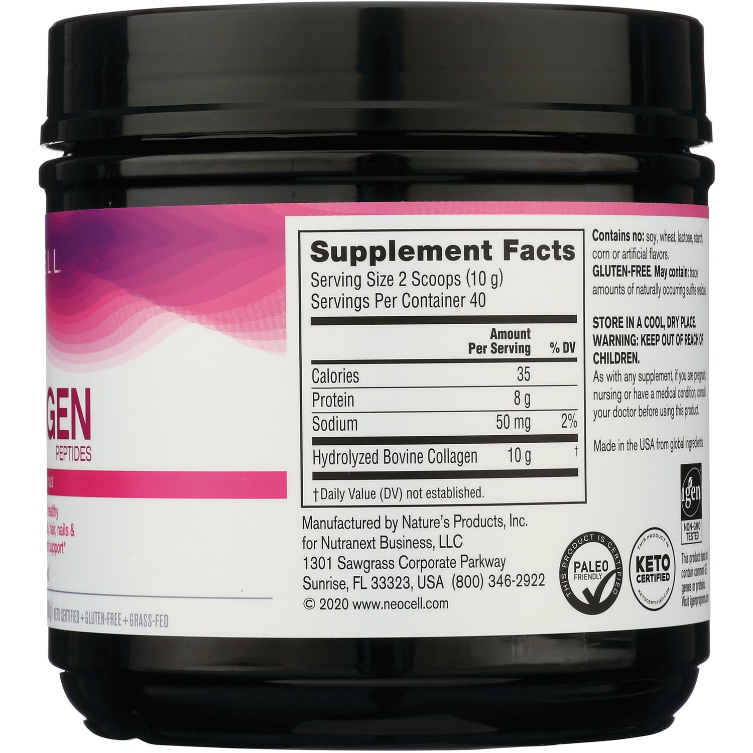 NEC029 | Back label showing Supplement Facts, serving size 2 scoops, hydrolyzed bovine collagen 10 g and storage warnings