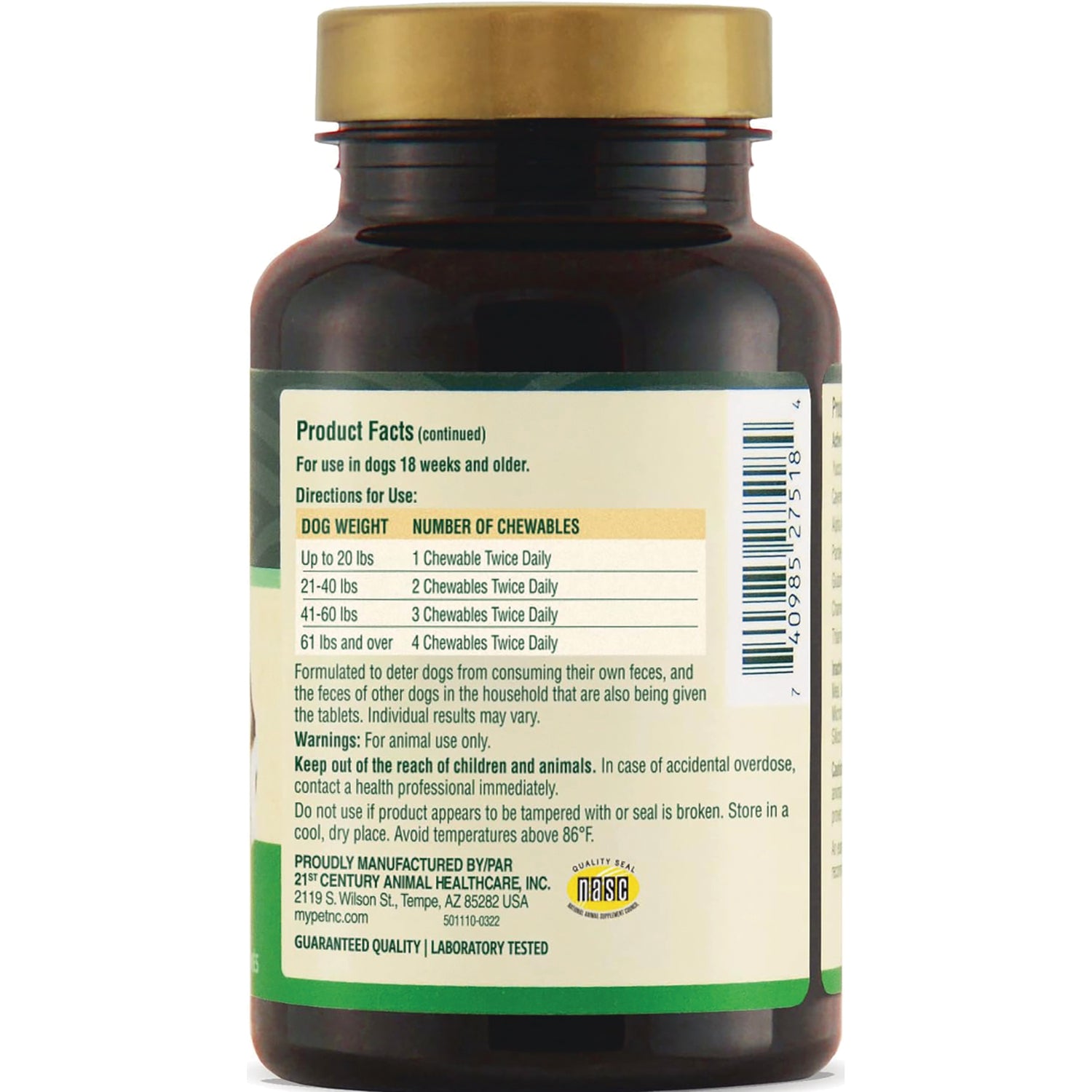 CNT259 | back label showing product facts and dosing table for dogs with chewable counts by weight