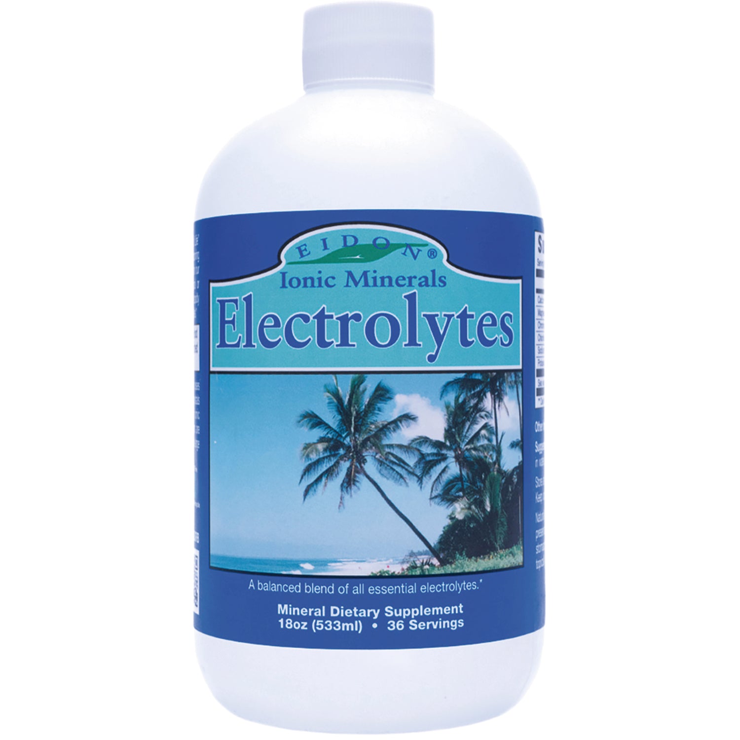 EIM027 | white bottle labeled Electrolytes mineral dietary supplement with palm tree beach label, 18oz (533ml)