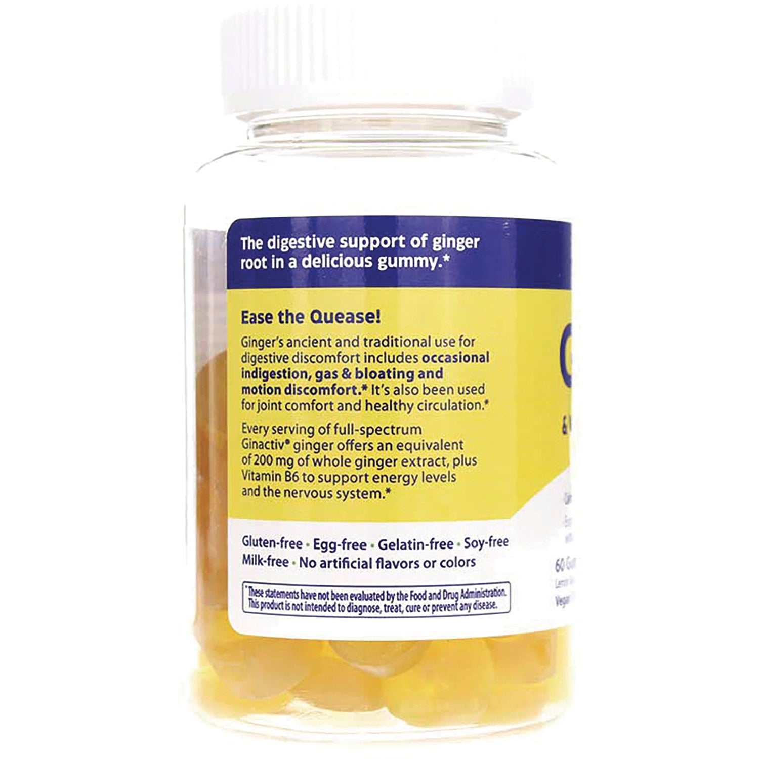 EMD100 | back label of gummy bottle reading Ease the Quease! digestive support of ginger root, ingredients and product claims