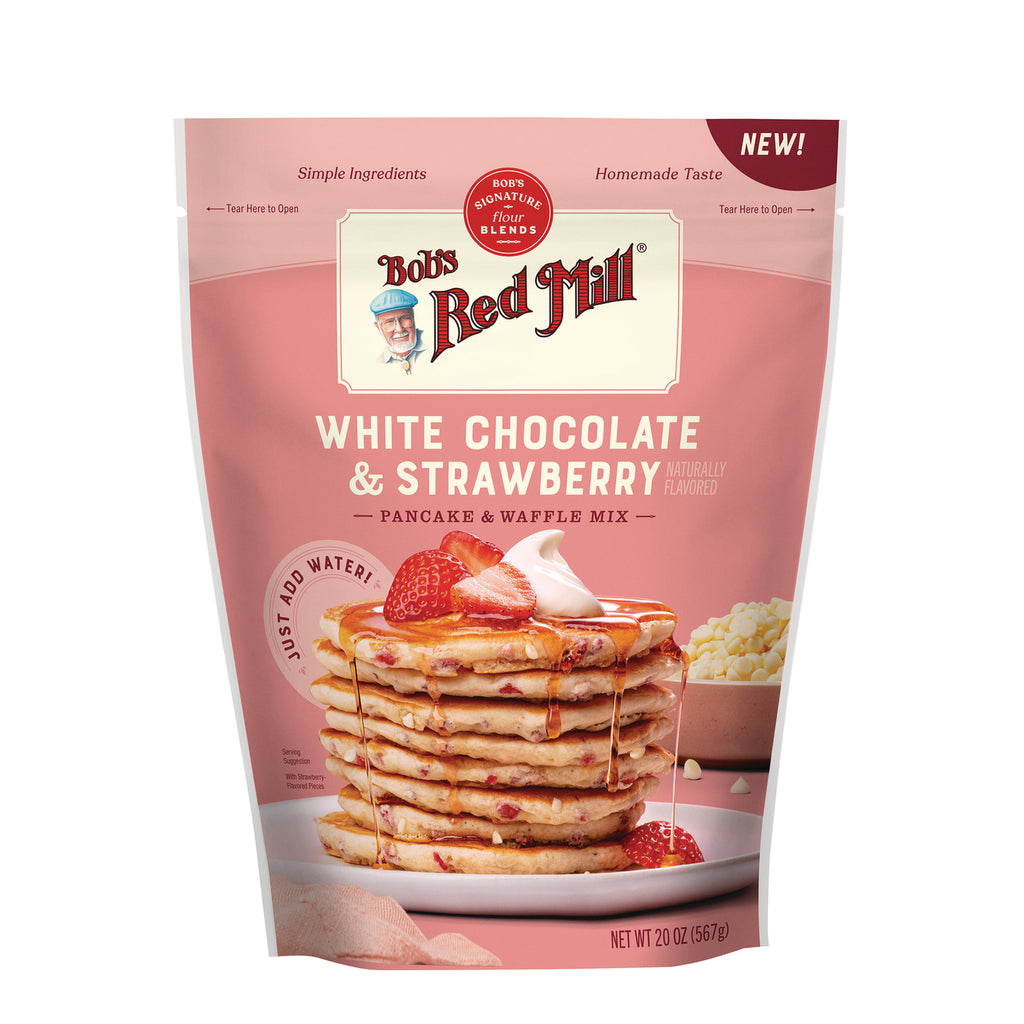 BOB490 | Bob's Red Mill White Chocolate & Strawberry pancake and waffle mix front pouch showing stacked pancakes with strawberries - Thumbnail