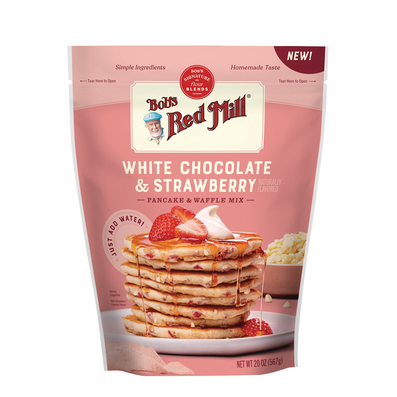 BOB490 | Bob's Red Mill White Chocolate & Strawberry pancake and waffle mix front pouch showing stacked pancakes with strawberries