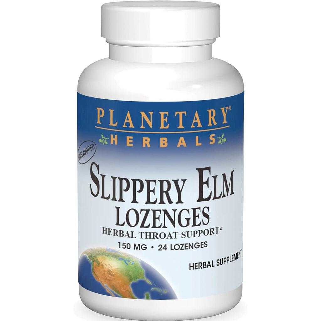 PF132 | Planetary Herbals Slippery Elm Lozenges bottle, 150 mg, 24 lozenges, blue and white label - Thumbnail