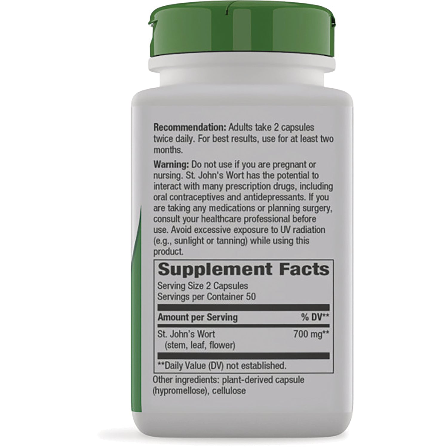 NW283 | Back label showing Supplement Facts, serving size 2 capsules, St. John's Wort 700 mg and warning text