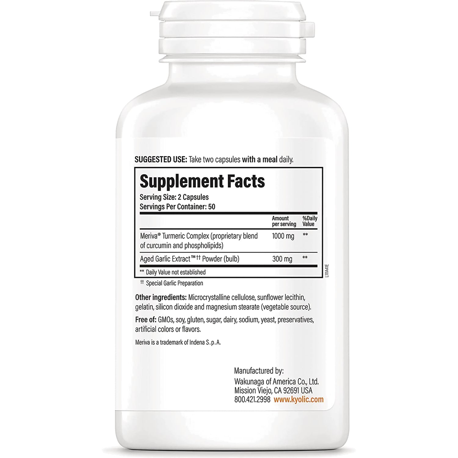KY122 | back of white supplement bottle showing Supplement Facts label with serving size 2 capsules and ingredient list