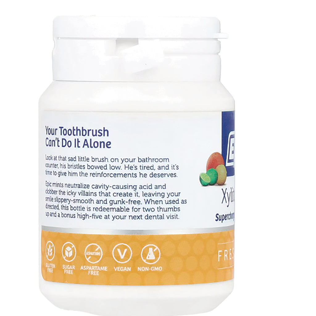 EPI009 | back label of white bottle reading Your Toothbrush Can't Do It Alone, shows small icons for gluten free, sugar free, vegan - Thumbnail
