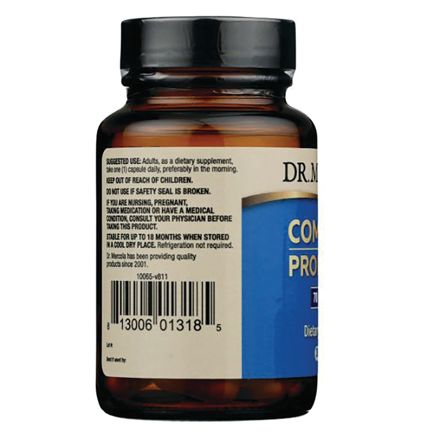 MRC045 | Back of amber supplement bottle showing barcode, warning and suggested use text