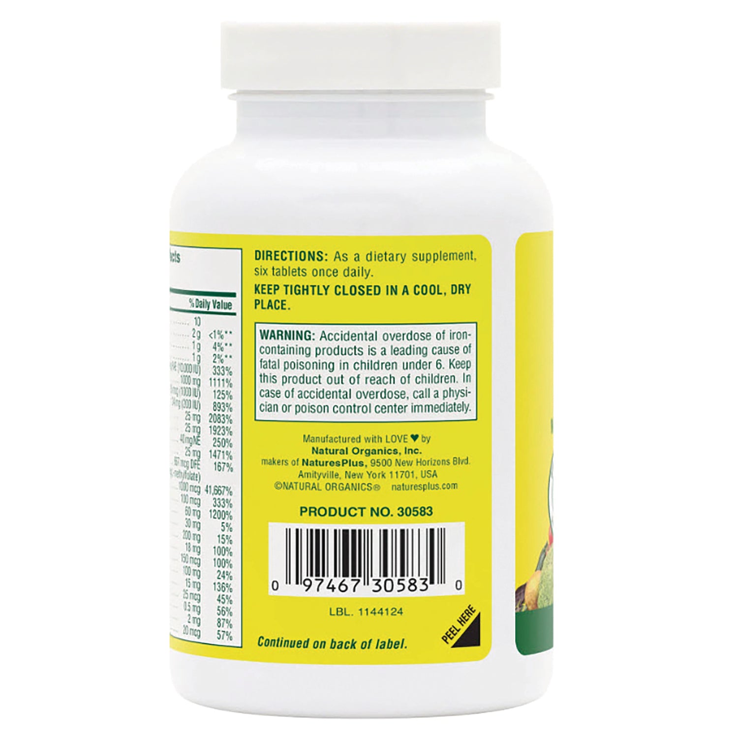 NTP040 | Back label of white supplement bottle showing directions, warning box, barcode and product number
