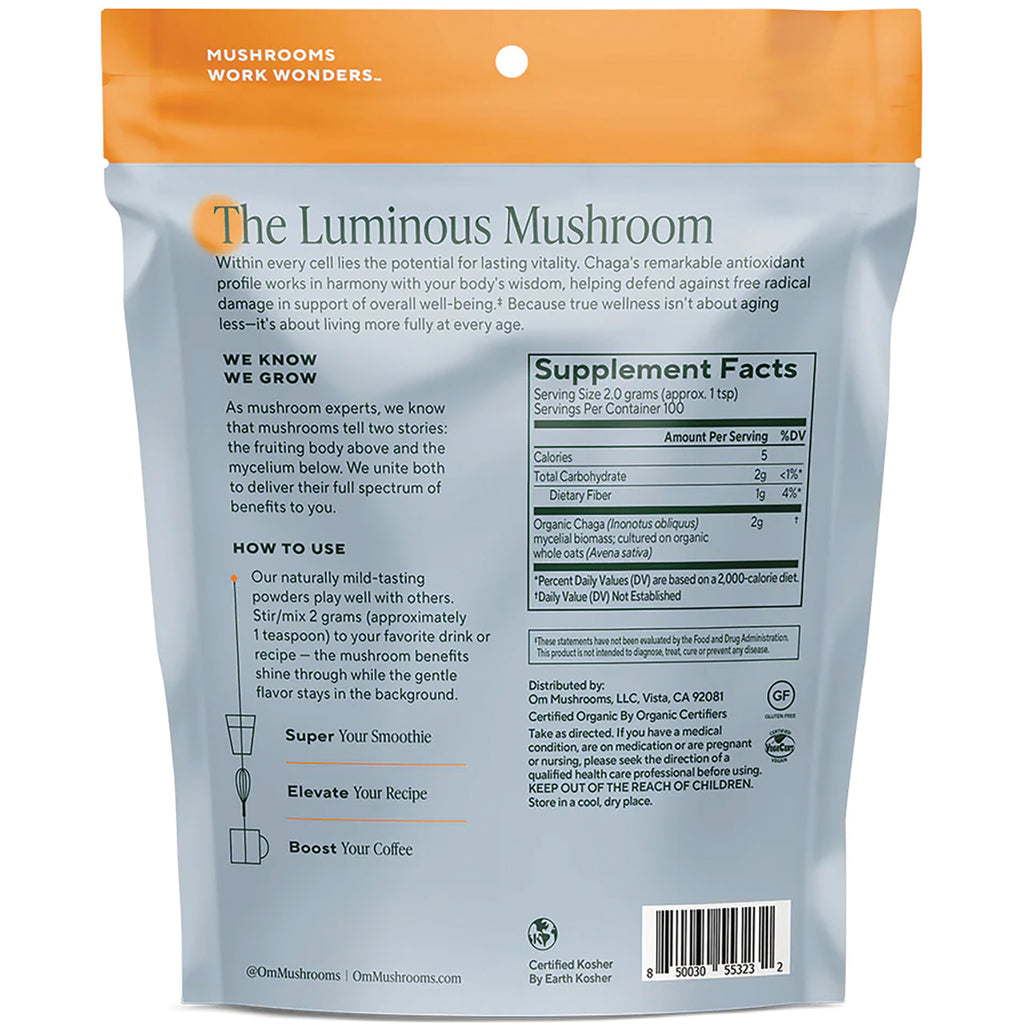 MMX043 | Back of pouch showing CHAGA label, Supplement Facts panel, usage directions, and branding - Thumbnail