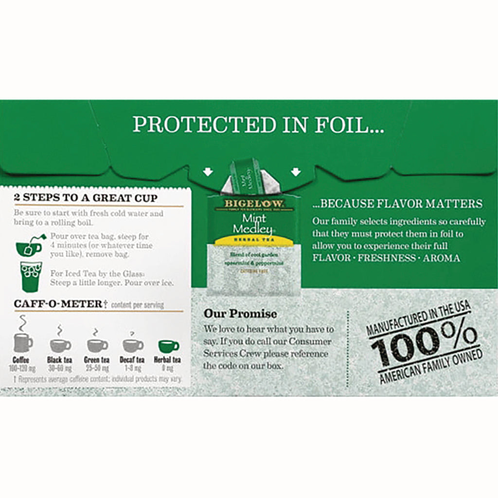 BGT003 | Back of Bigelow Mint Medley tea box showing 'PROTECTED IN FOIL', brewing steps, caff-o-meter and 100% American family owned badge - Thumbnail
