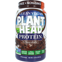GNN015 | Clean Vegan Plant Head protein powder chocolate container front label showing 15 g protein, gluten free, dairy free