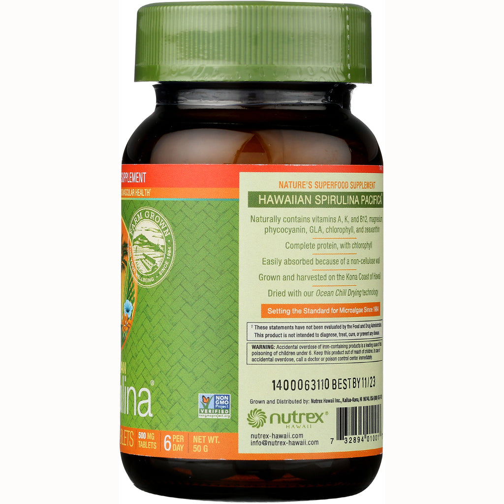 NUT011 | back label of brown supplement bottle showing Hawaiian Spirulina Pacifica text, supplement facts, warnings, and best by 11/23 - Thumbnail