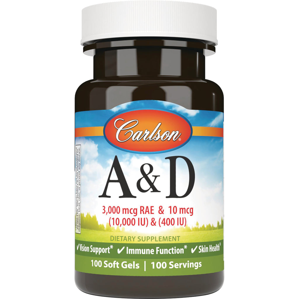 CSN152 | Carlson A&D dietary supplement bottle, front label showing A&D and 3,000 mcg RAE & 10 mcg, 100 soft gels - Thumbnail