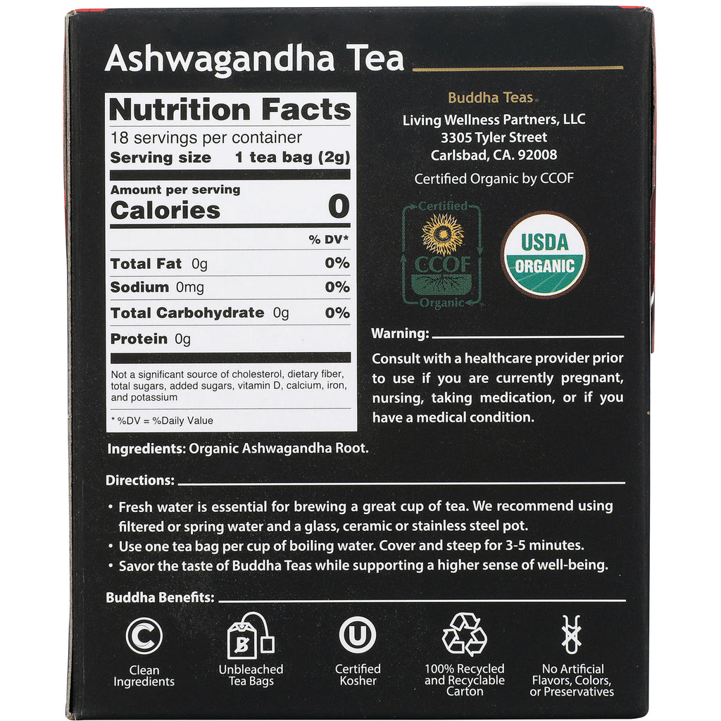BUD015 | Back of Ashwagandha Tea box showing Nutrition Facts, ingredients, directions, USDA Organic and CCOF logos - Thumbnail