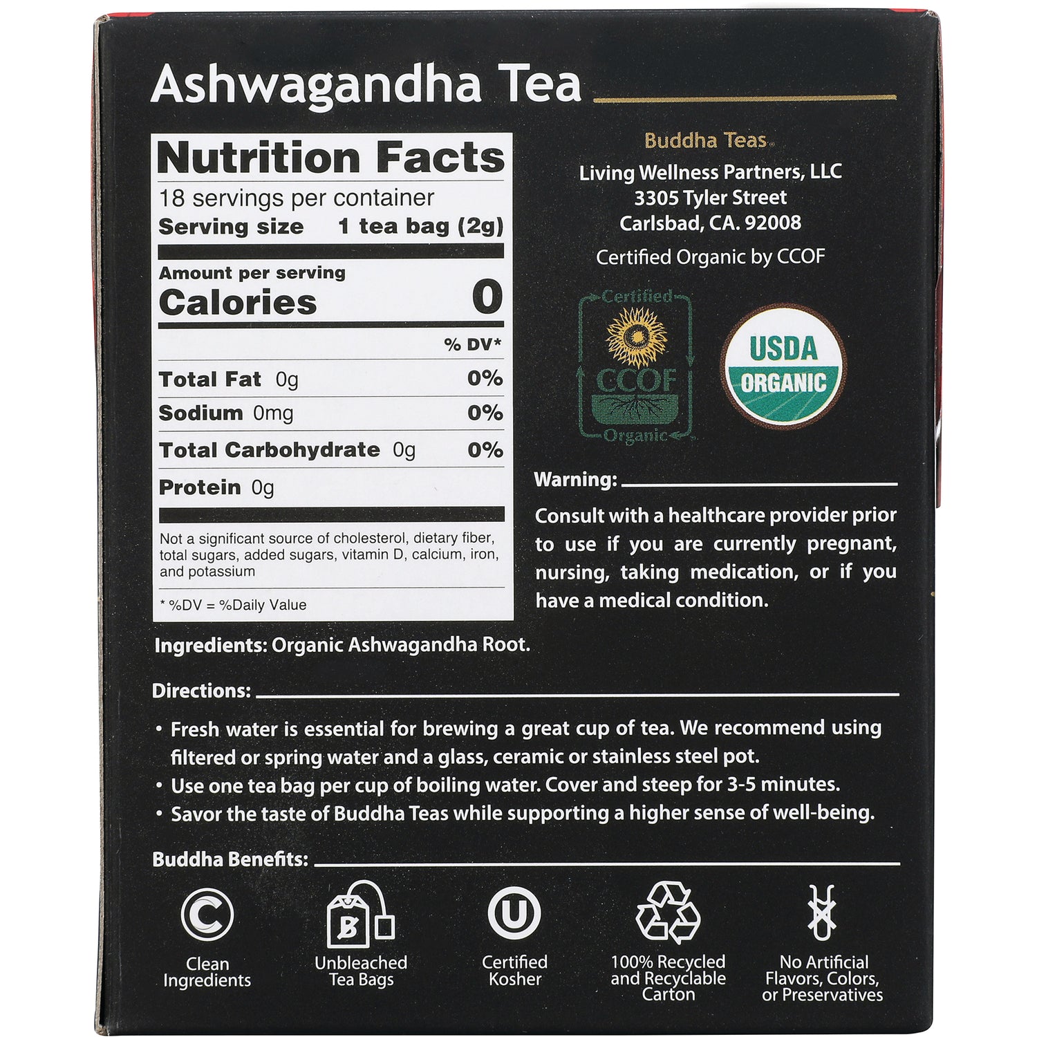 BUD015 | Back of Ashwagandha Tea box showing Nutrition Facts, ingredients, directions, USDA Organic and CCOF logos