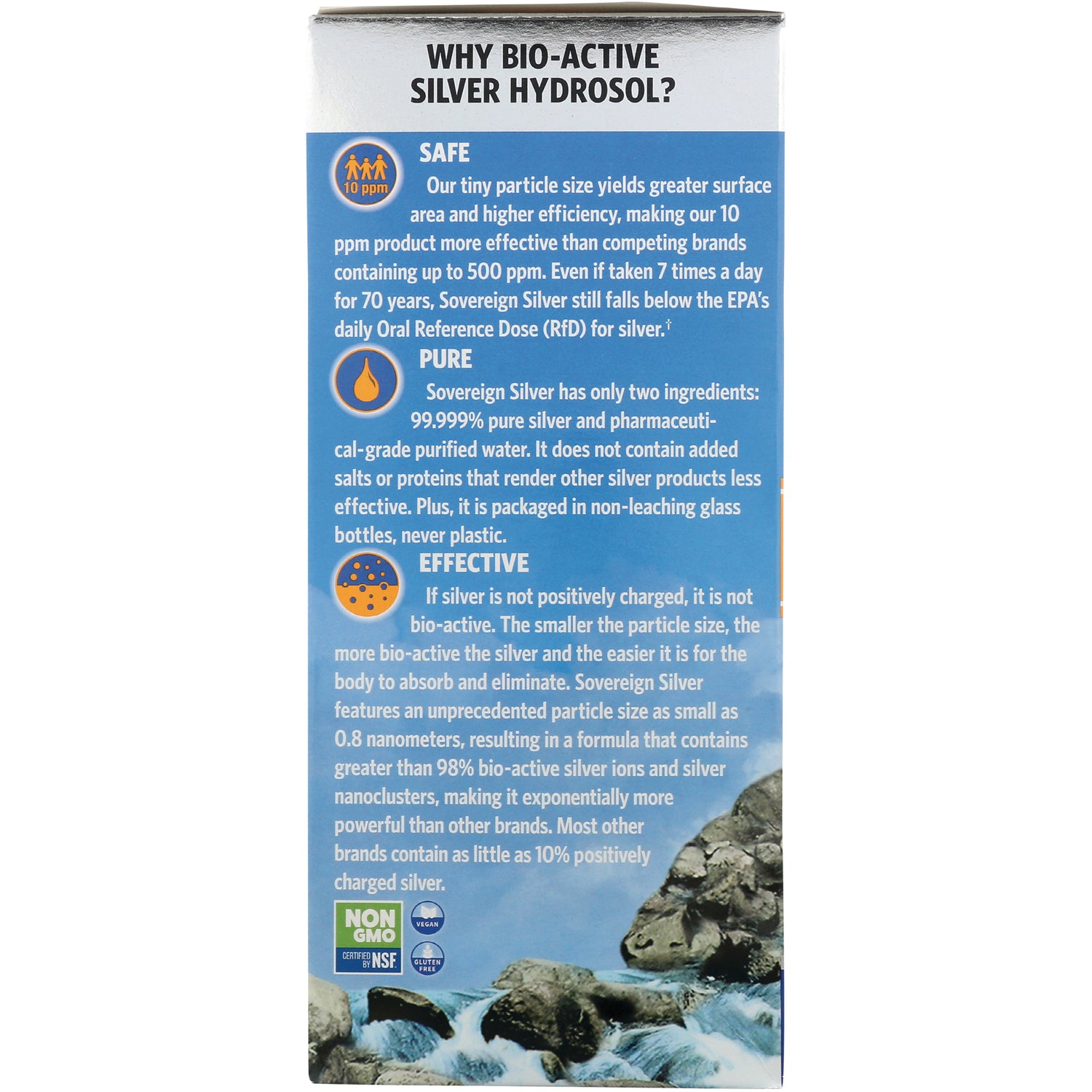 SSL010 | Why Bio-Active Silver Hydrosol? Safe, Pure, Effective; Non-GMO, Vegan, Gluten Free badges