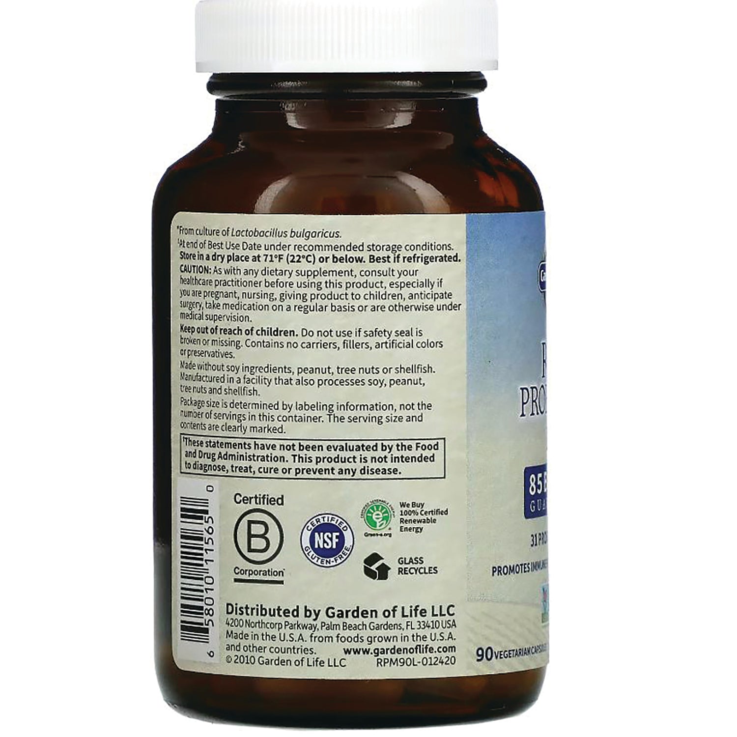 GLF130 | Back label of brown supplement bottle showing warnings, certifications, and barcode