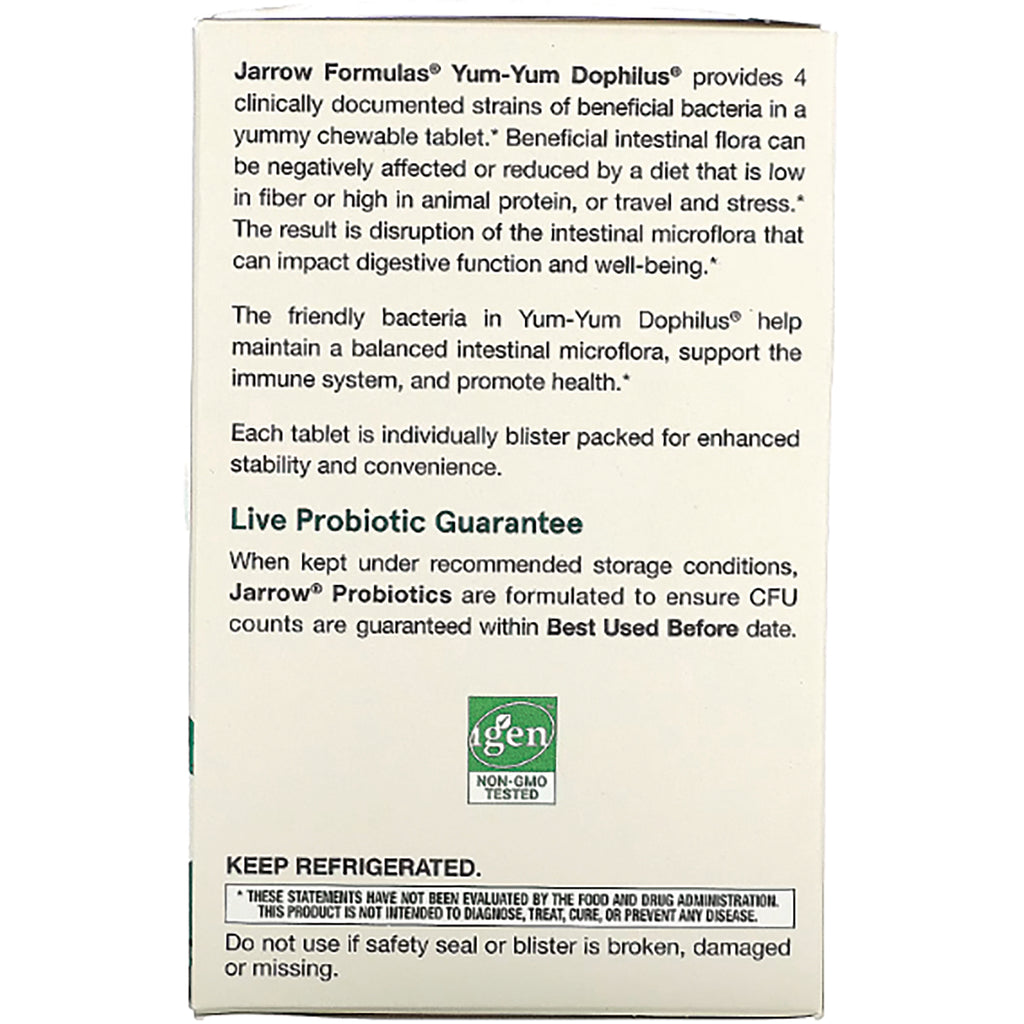 JR351 | back of Jarrow Formulas Yum-Yum Dophilus box showing Live Probiotic Guarantee and KEEP REFRIGERATED notice - Thumbnail