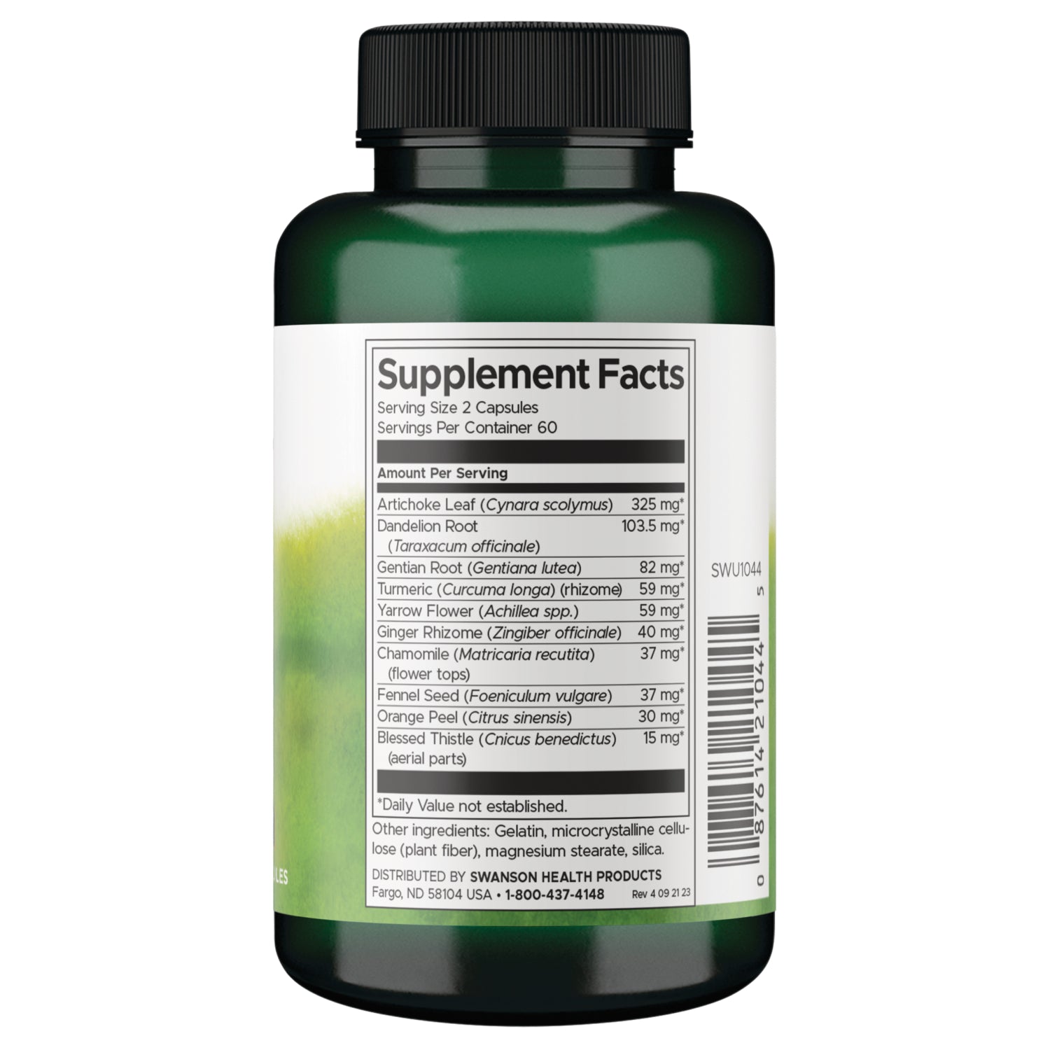 SWU1044 | Supplement Facts panel with serving size, ingredients list, and suggested use and warning text