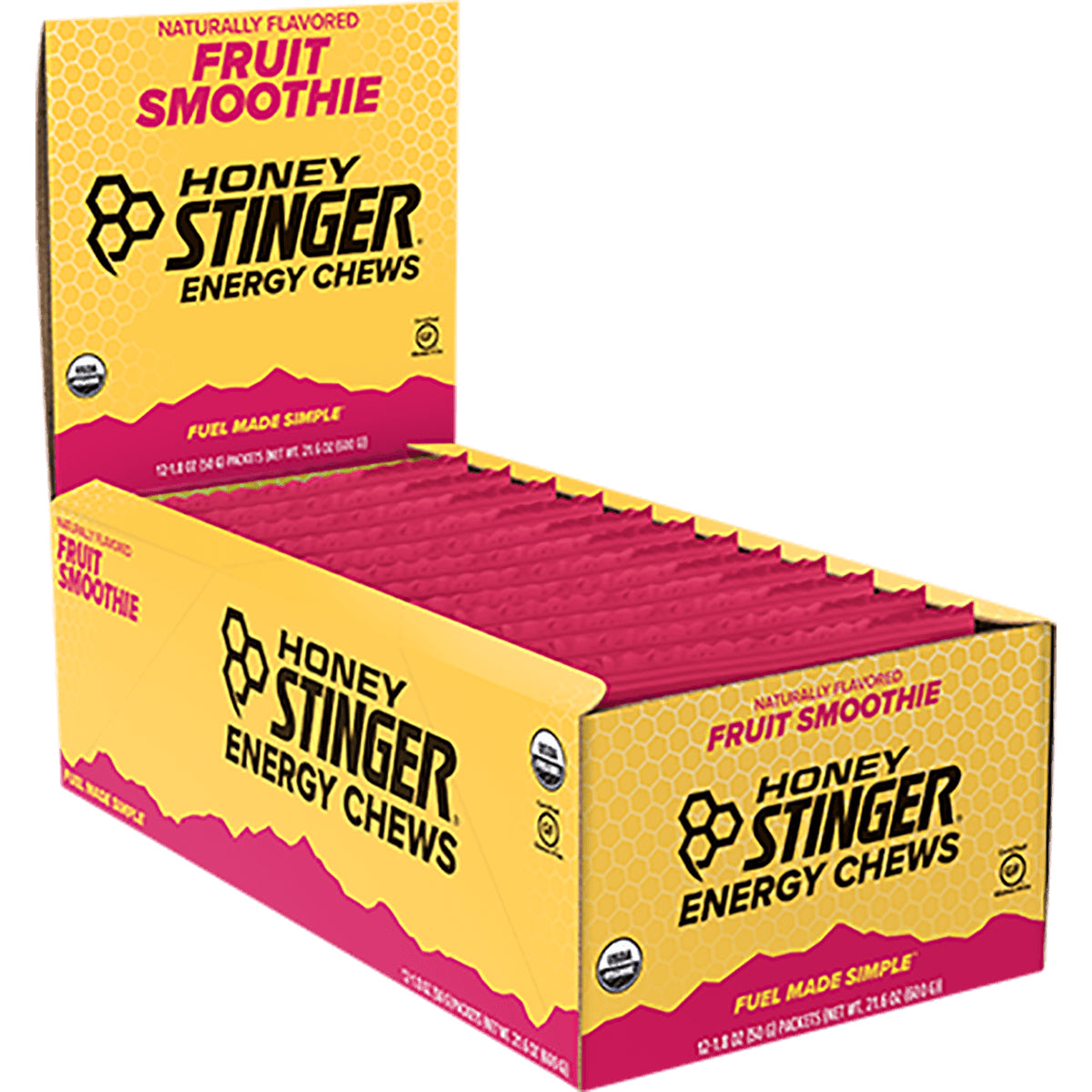 HST050 | Honey Stinger Energy Chews Fruit Smoothie open display box showing rows of pink energy chew packets