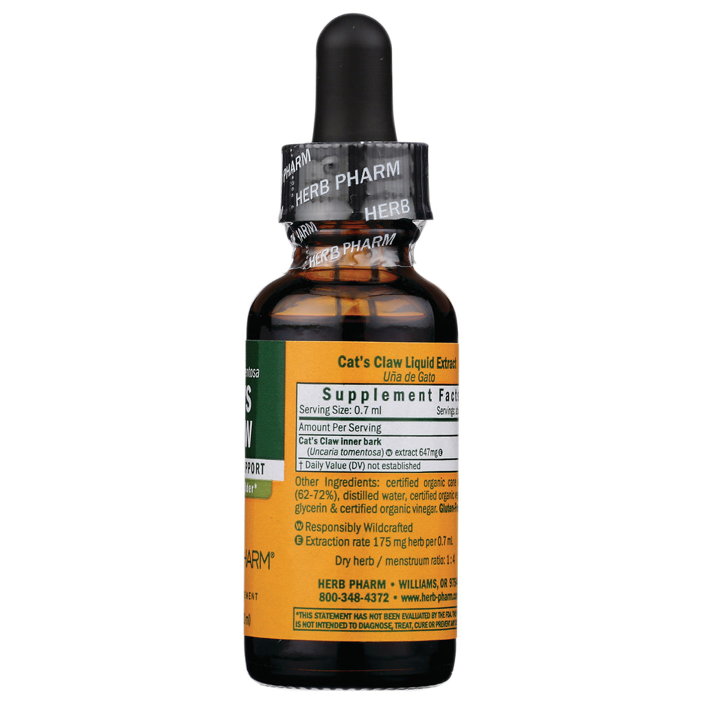 HPH093 | Back of amber dropper bottle showing Supplement Facts and ingredients label for Cat's Claw Liquid Extract by Herb Pharm - Thumbnail