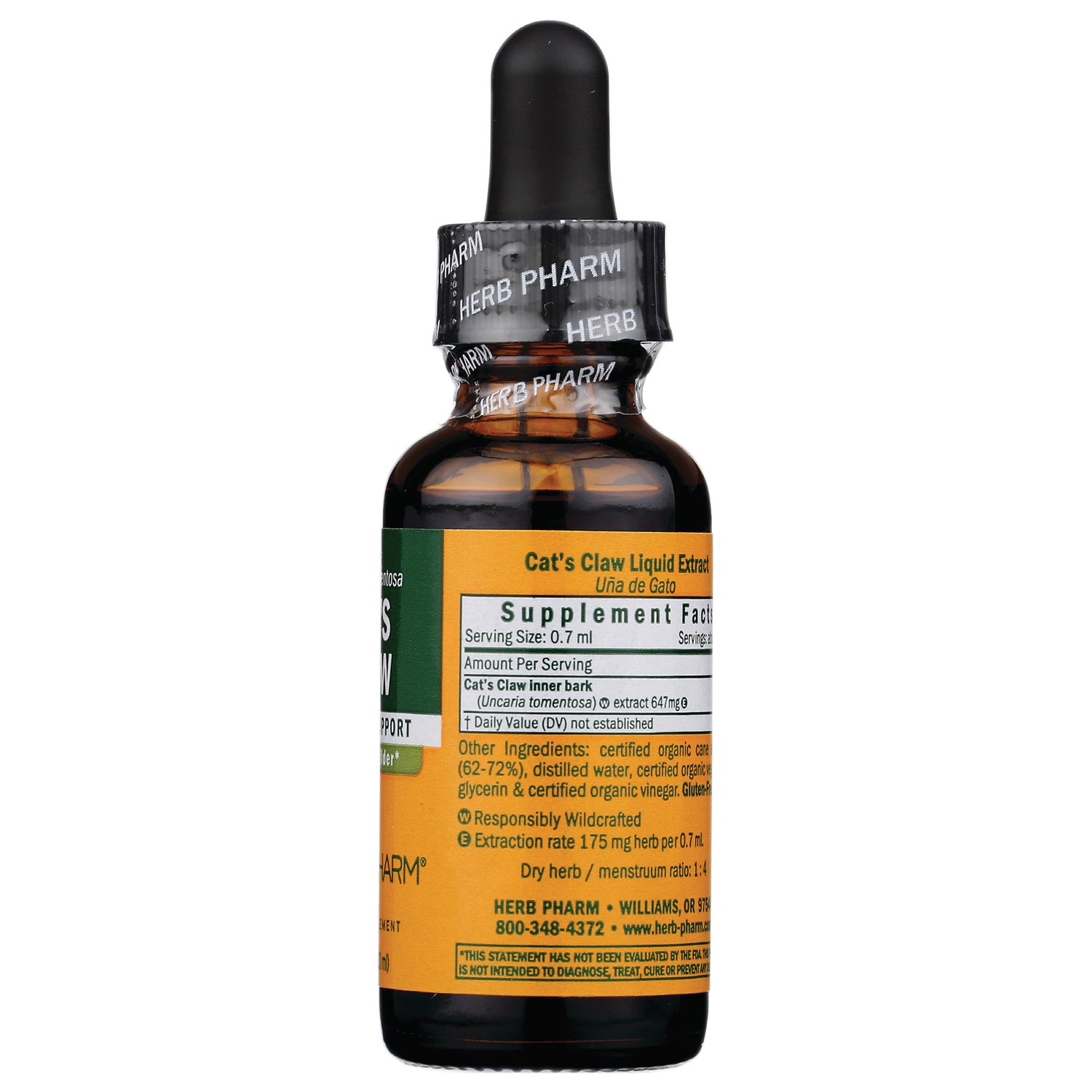 HPH093 | Back of amber dropper bottle showing Supplement Facts and ingredients label for Cat's Claw Liquid Extract by Herb Pharm