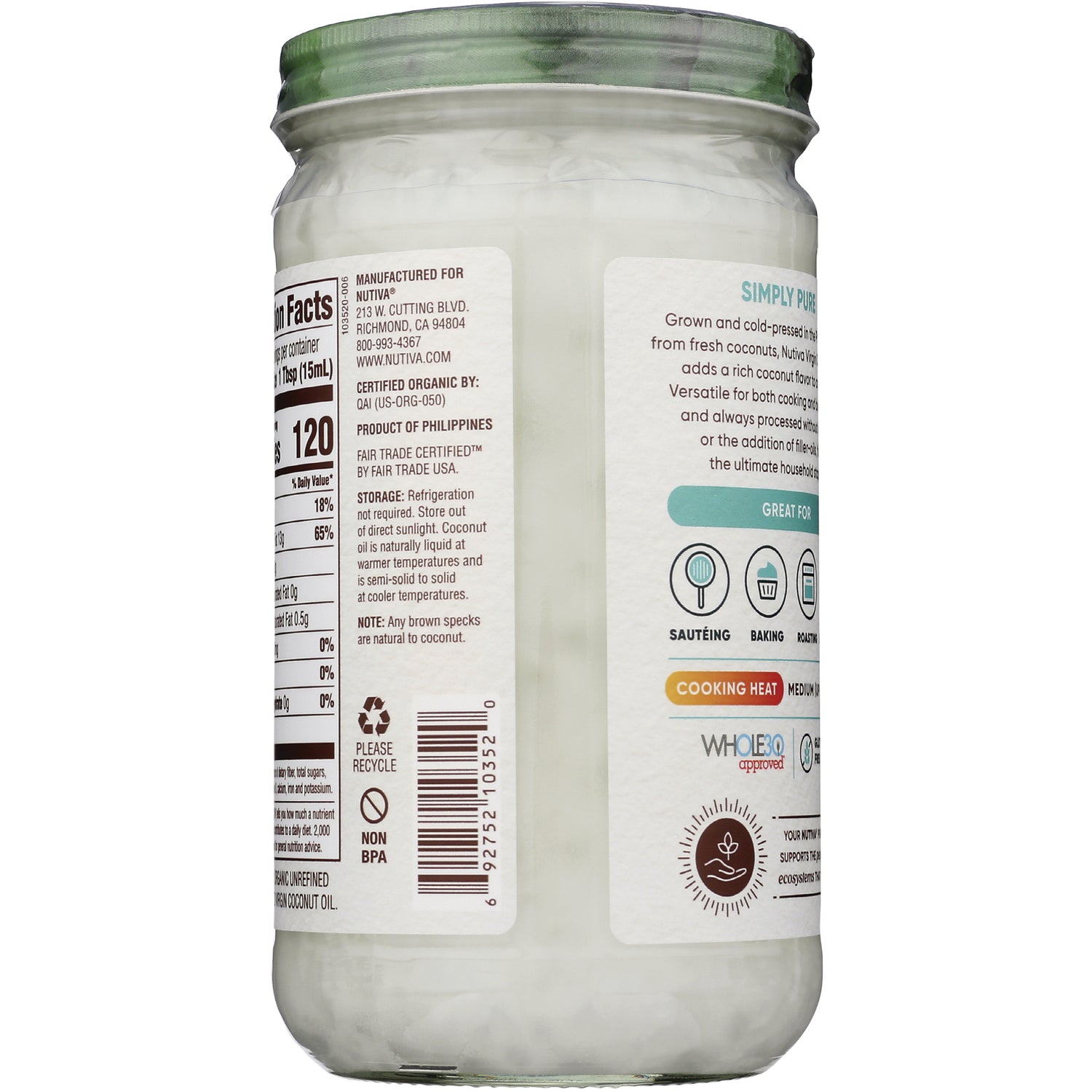 NTV042 | Back label of glass jar showing nutrition facts, barcode, storage instructions and cooking icons