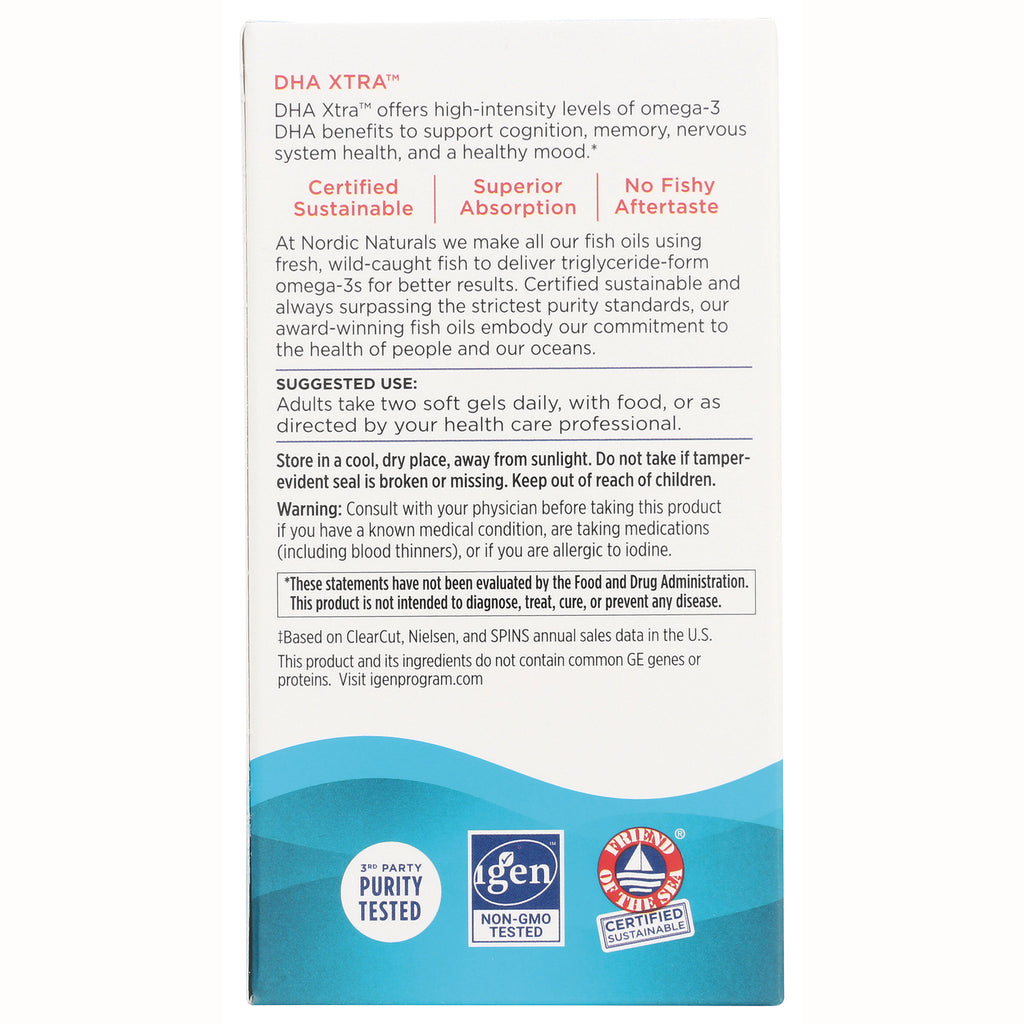 NRN040 | Back of Nordic Naturals DHA Xtra box showing suggested use, warnings, and certification logos - Thumbnail