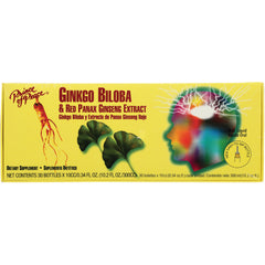 POP013 | Yellow box of Ginkgo Biloba and Red Panax Ginseng Extract dietary supplement showing ginkgo leaves and colorful brain illustration