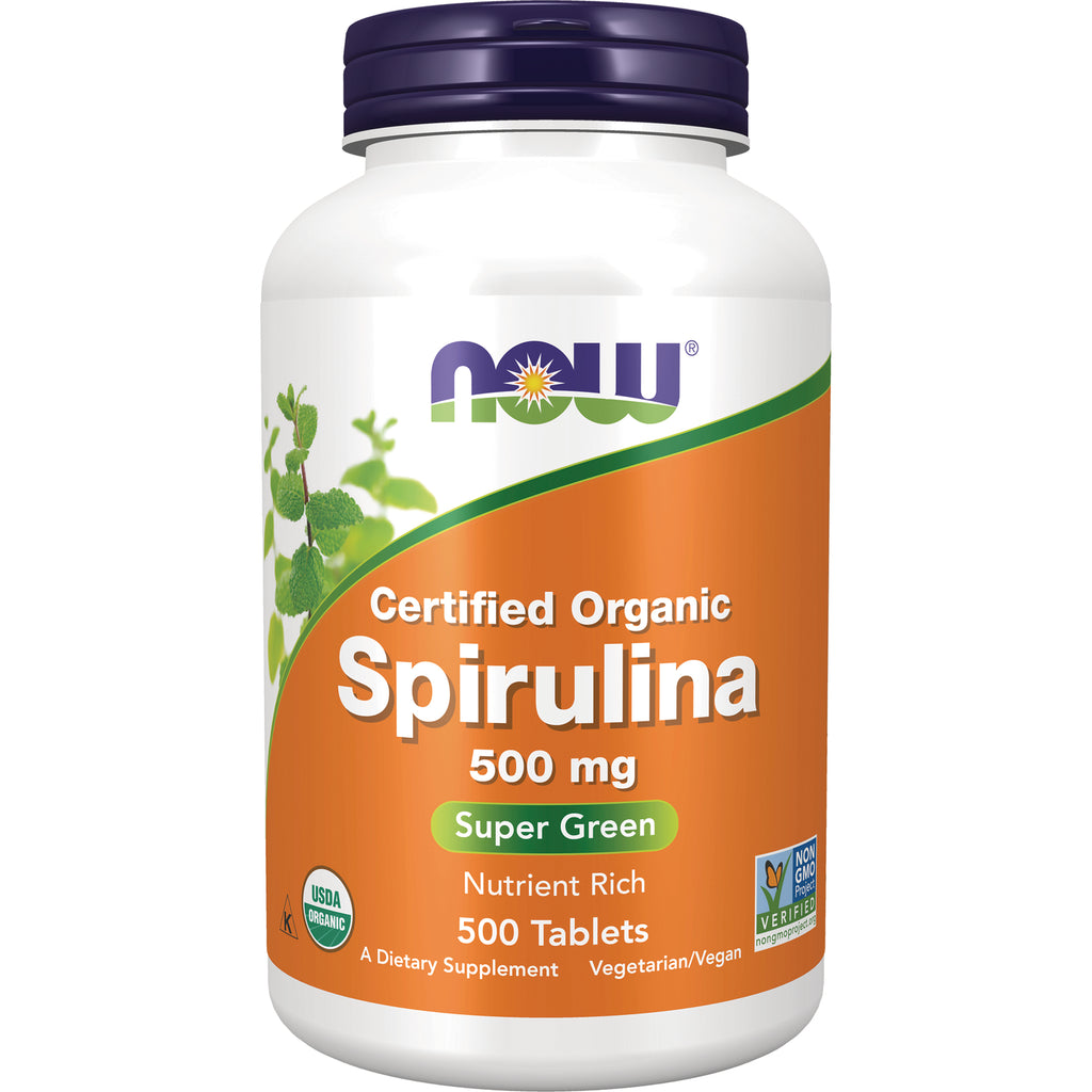 NWF708 | White bottle of NOW Certified Organic Spirulina 500 mg, 500 tablets, orange label - Thumbnail