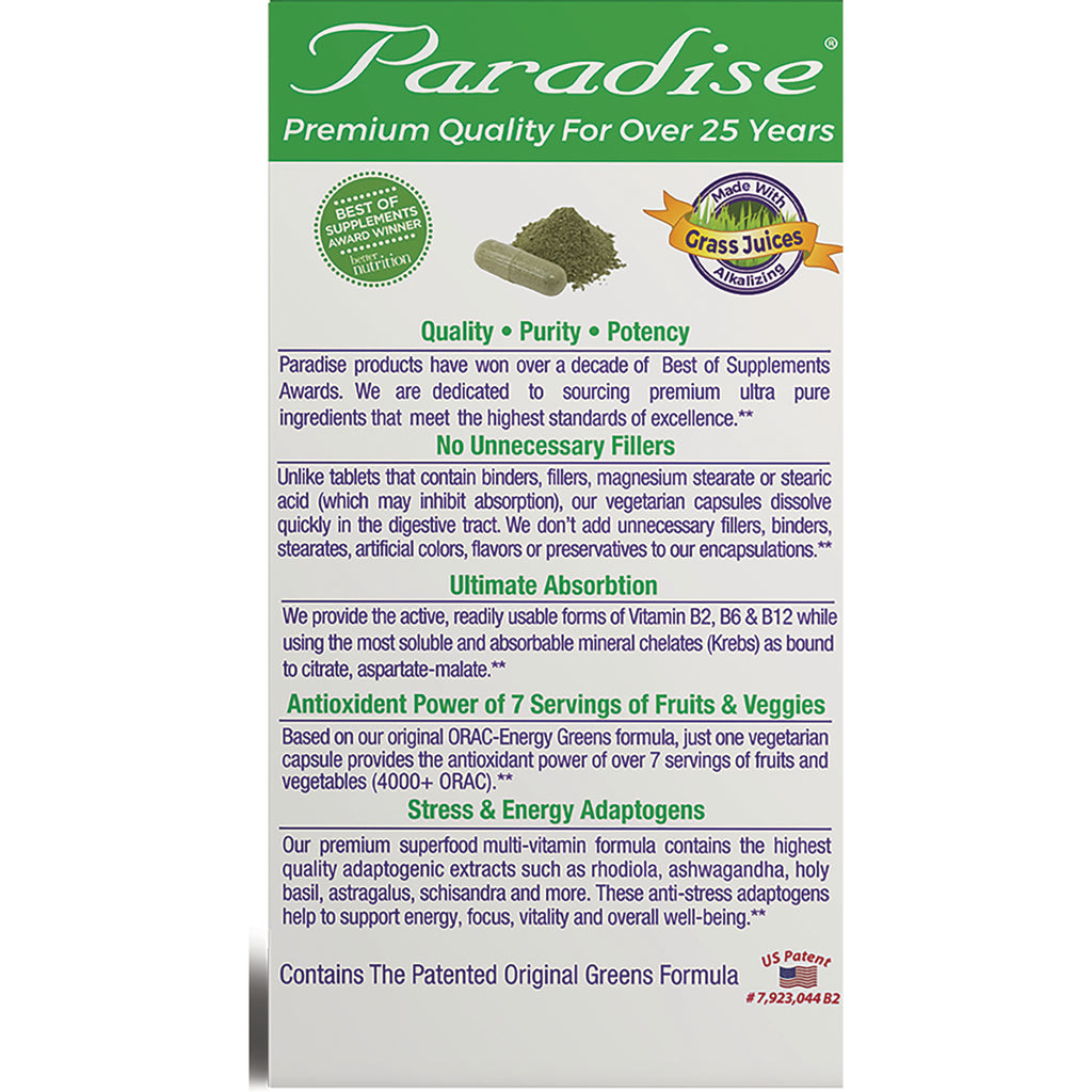 PRH011 | Paradise supplement back panel showing quality, ingredient and usage claims, antioxidant and adaptogen information - Thumbnail