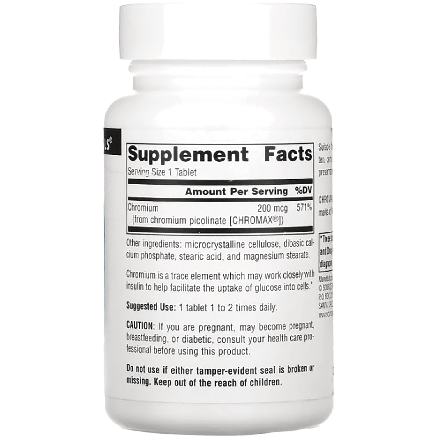 SN715 | Back label with Supplement Facts for chromium 200 mcg, suggested use, other ingredients, and caution