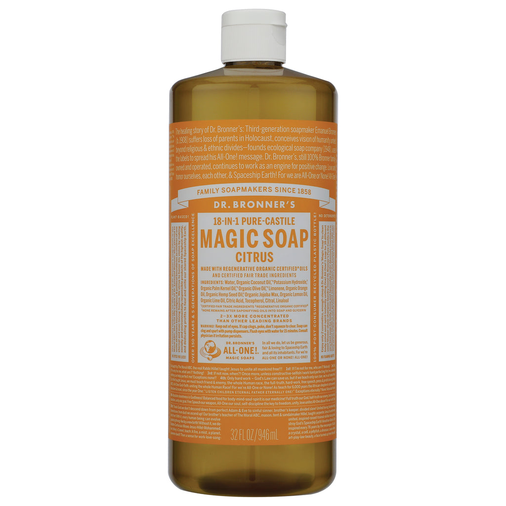 DRB022 | Front view of Dr. Bronner's 18-in-1 Pure-Castile Magic Soap Citrus bottle with orange label - Thumbnail