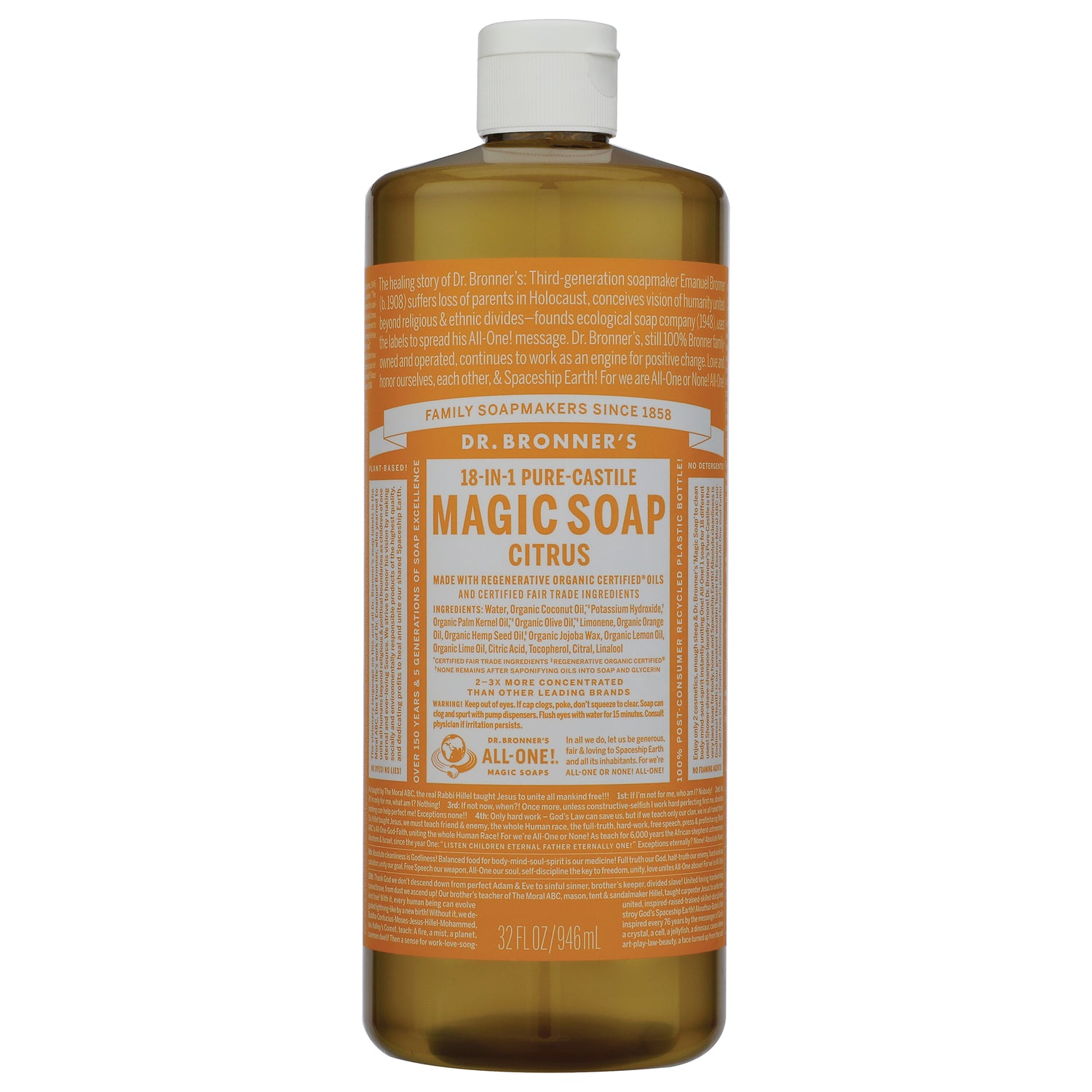 DRB022 | Front view of Dr. Bronner's 18-in-1 Pure-Castile Magic Soap Citrus bottle with orange label