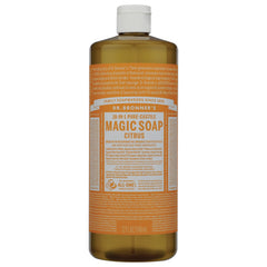 DRB022 | Front view of Dr. Bronner's 18-in-1 Pure-Castile Magic Soap Citrus bottle with orange label