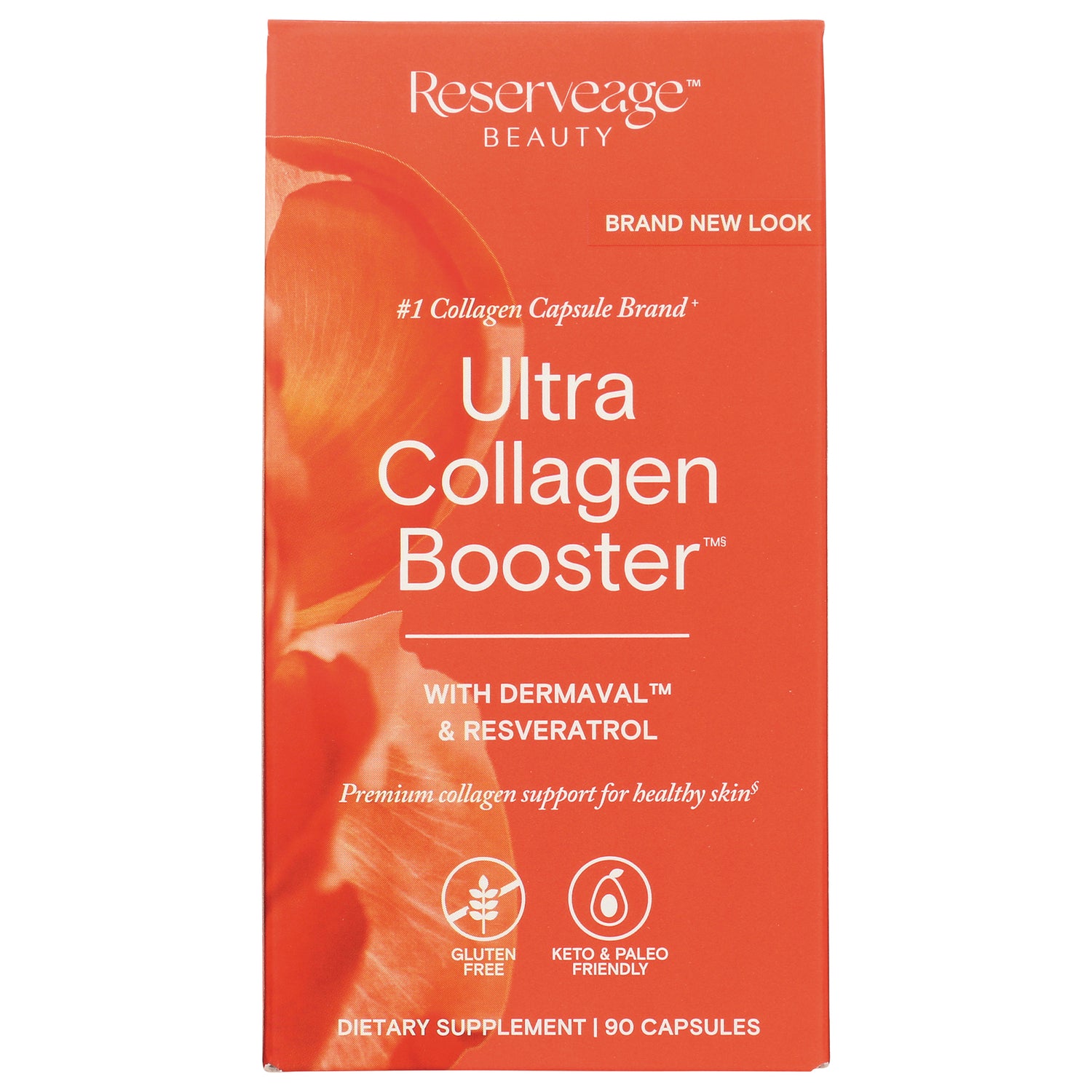 RSA026 | Reserveage Beauty Ultra Collagen Booster front packaging 90 capsules with Dermaval and resveratrol
