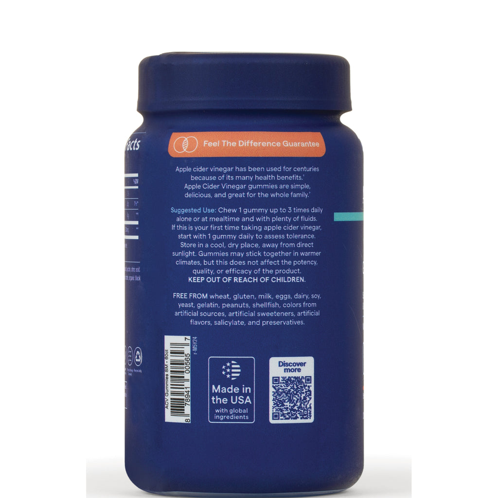 TM107 | Back label of Apple Cider Vinegar gummies bottle with directions, FREE FROM list, barcode, QR code, Made in the USA - Thumbnail