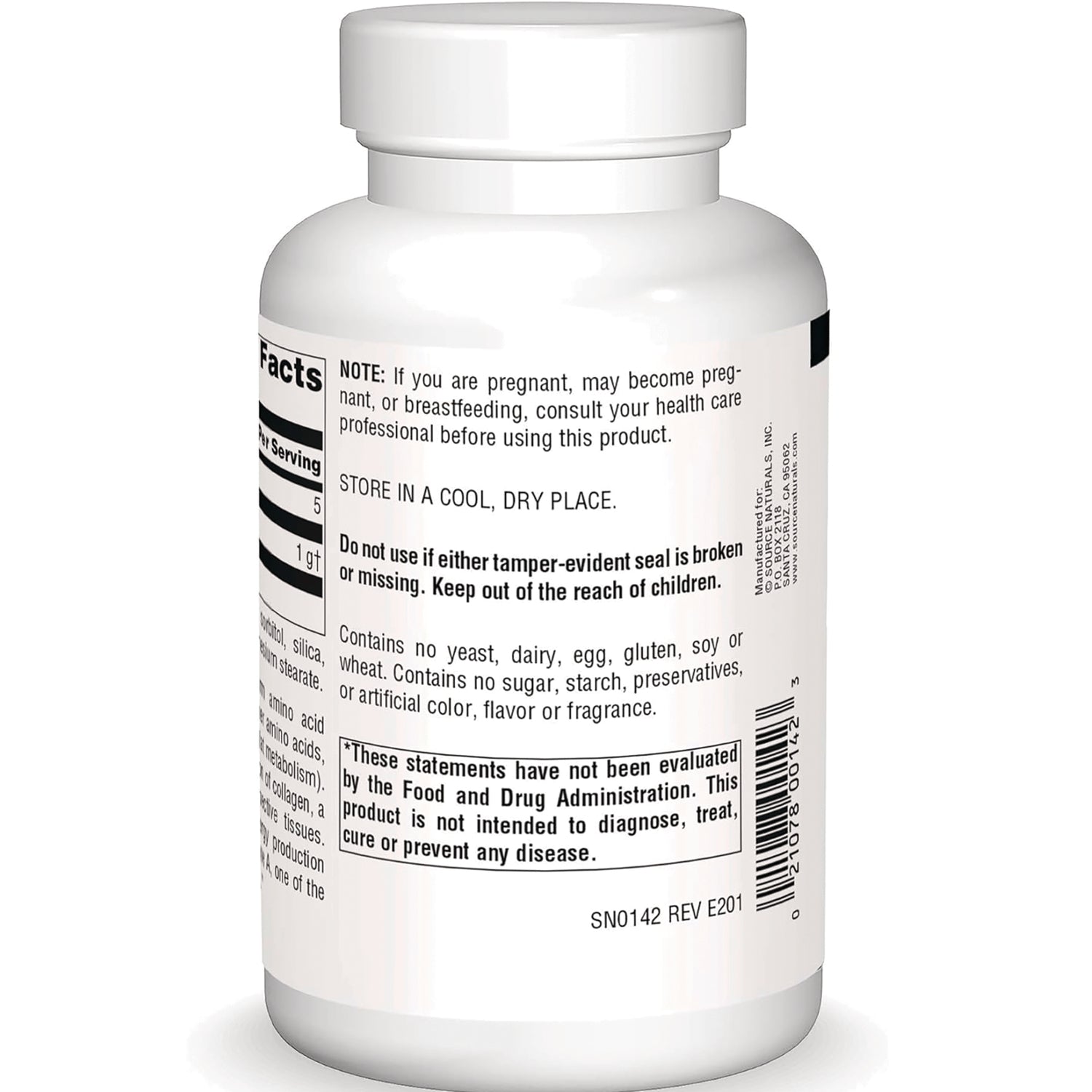 SN247 | Back label with supplement facts, warnings, and barcode on white bottle